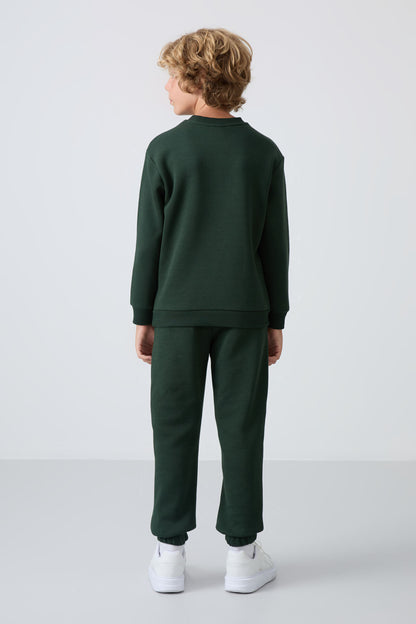 Forest Green Cotton Thick Fleece-Lined Soft Textured Standard Fit Printed Boys' Tracksuit Set - 11257