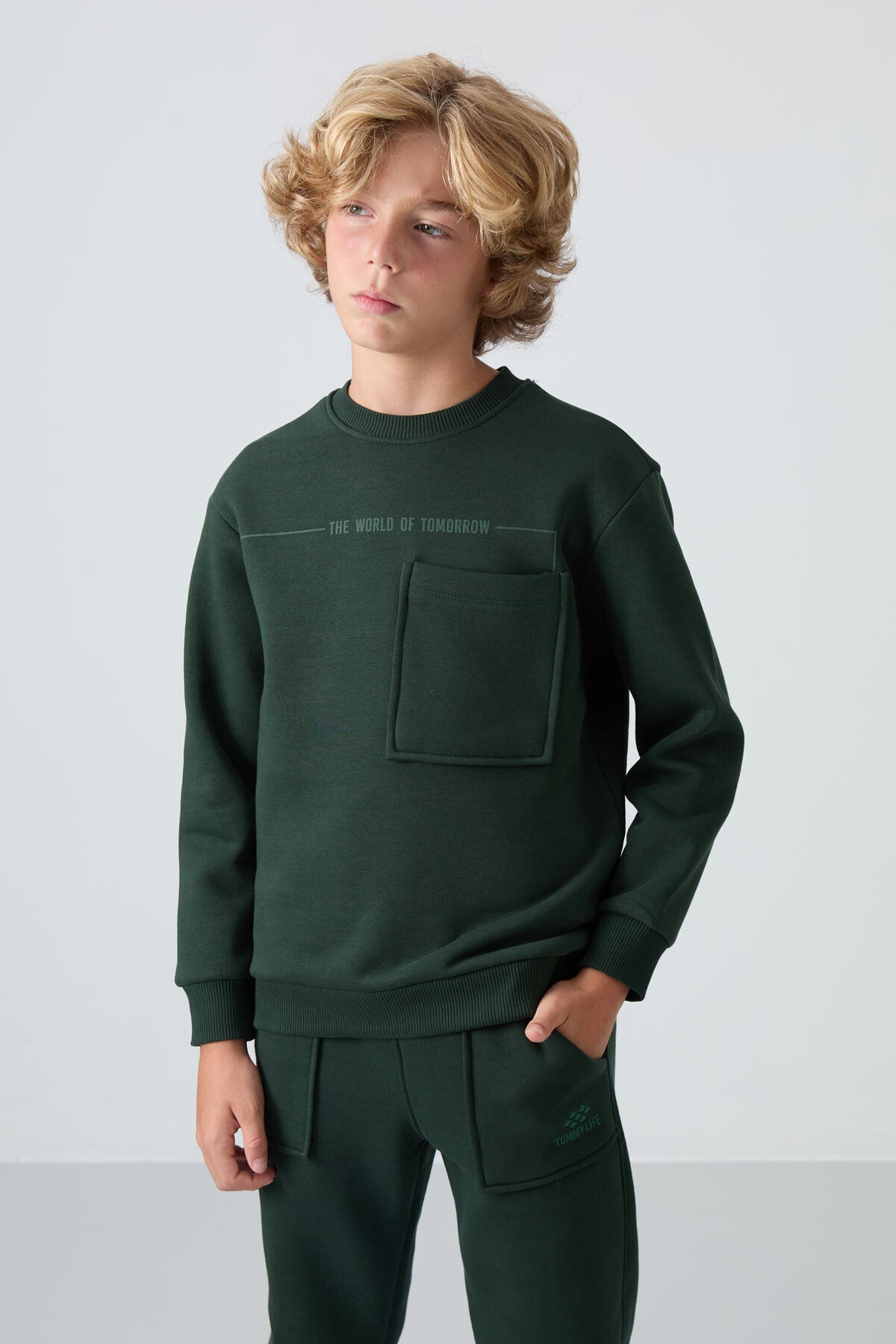 Forest Green Cotton Thick Fleece-Lined Soft Textured Standard Fit Printed Boys' Tracksuit Set - 11257