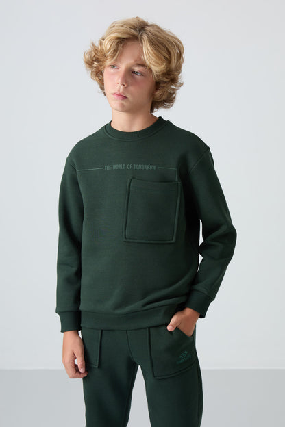 Forest Green Cotton Thick Fleece-Lined Soft Textured Standard Fit Printed Boys' Tracksuit Set - 11257