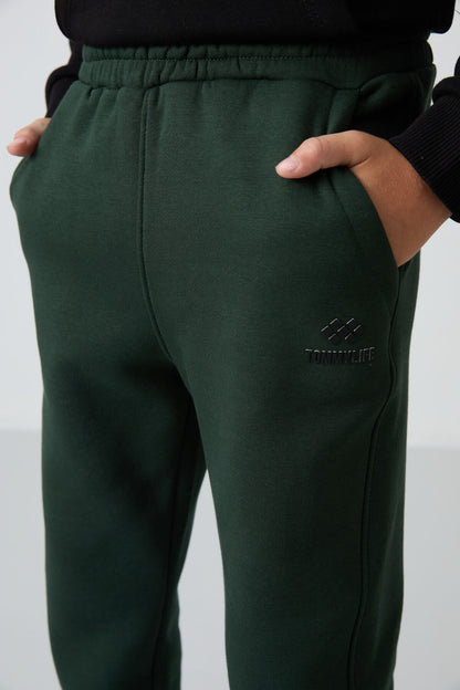 Forest Green Cotton Thick Fleece-Lined Soft Textured Standard Fit Embroidered Boys' Tracksuit Set - 11255