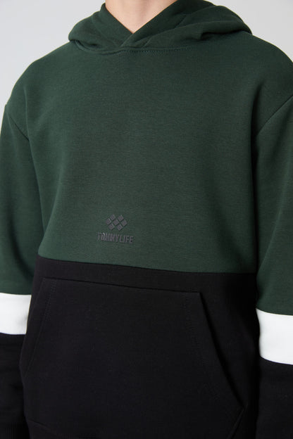 Forest Green Cotton Thick Fleece-Lined Soft Textured Standard Fit Embroidered Boys' Tracksuit Set - 11255