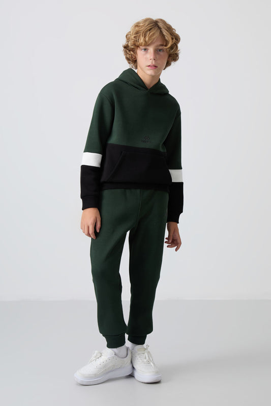 Forest Green Cotton Thick Fleece-Lined Soft Textured Standard Fit Embroidered Boys' Tracksuit Set - 11255