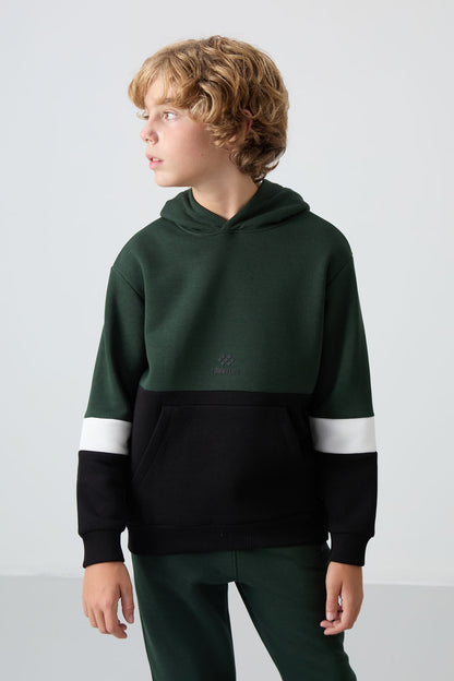 Forest Green Cotton Thick Fleece-Lined Soft Textured Standard Fit Embroidered Boys' Tracksuit Set - 11255