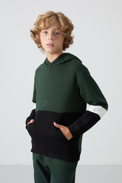 Forest Green Cotton Thick Fleece-Lined Soft Textured Standard Fit Embroidered Boys' Tracksuit Set - 11255