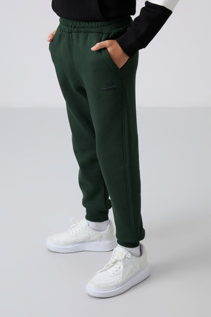 Forest Green Cotton Thick Fleece-Lined Soft Textured Standard Fit Embroidered Boys' Tracksuit Set - 11255