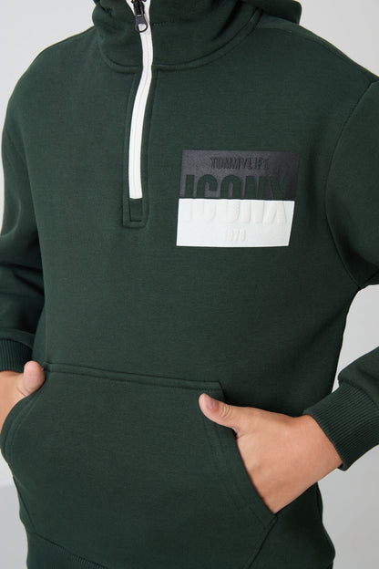 Forest Green Cotton Thick Fleece-Lined Soft Textured Standard Fit Printed Boys' Tracksuit Set - 11246