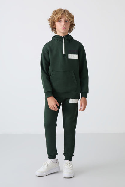 Forest Green Cotton Thick Fleece-Lined Soft Textured Standard Fit Printed Boys' Tracksuit Set - 11246