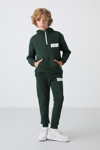 Forest Green Cotton Thick Fleece-Lined Soft Textured Standard Fit Printed Boys' Tracksuit Set - 11246