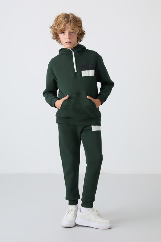 Forest Green Cotton Thick Fleece-Lined Soft Textured Standard Fit Printed Boys' Tracksuit Set - 11246
