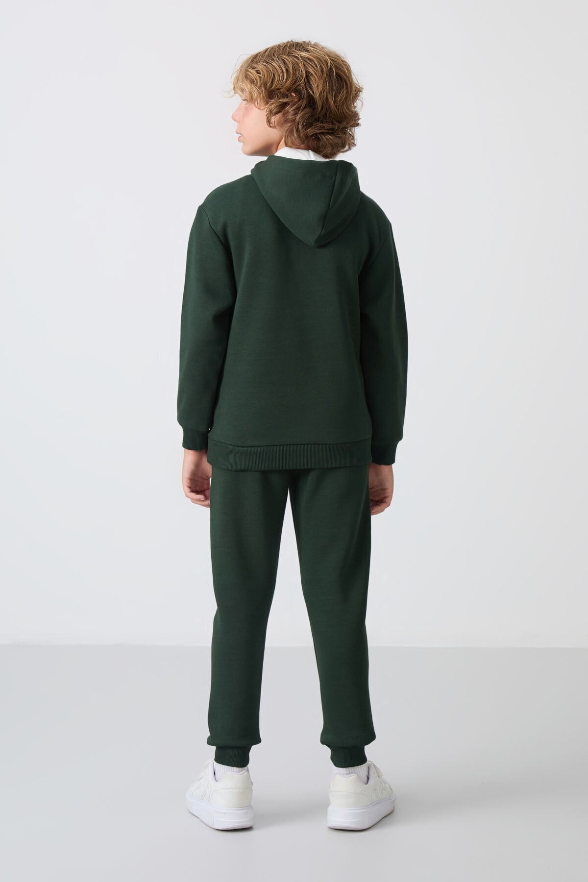 Forest Green Cotton Thick Fleece-Lined Soft Textured Standard Fit Printed Boys' Tracksuit Set - 11246