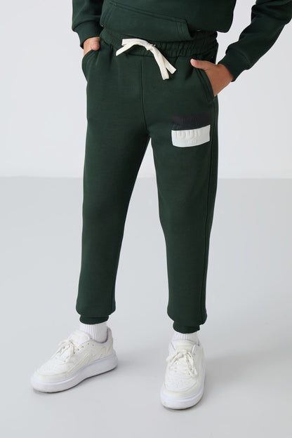Forest Green Cotton Thick Fleece-Lined Soft Textured Standard Fit Printed Boys' Tracksuit Set - 11246