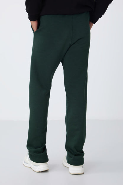 Forest Green Cotton Thick Fleece-Lined Soft Textured Oversize Embroidered Men's Tracksuit Bottom -82146