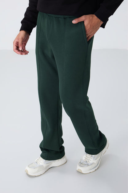 Forest Green Cotton Thick Fleece-Lined Soft Textured Oversize Embroidered Men's Tracksuit Bottom -82146