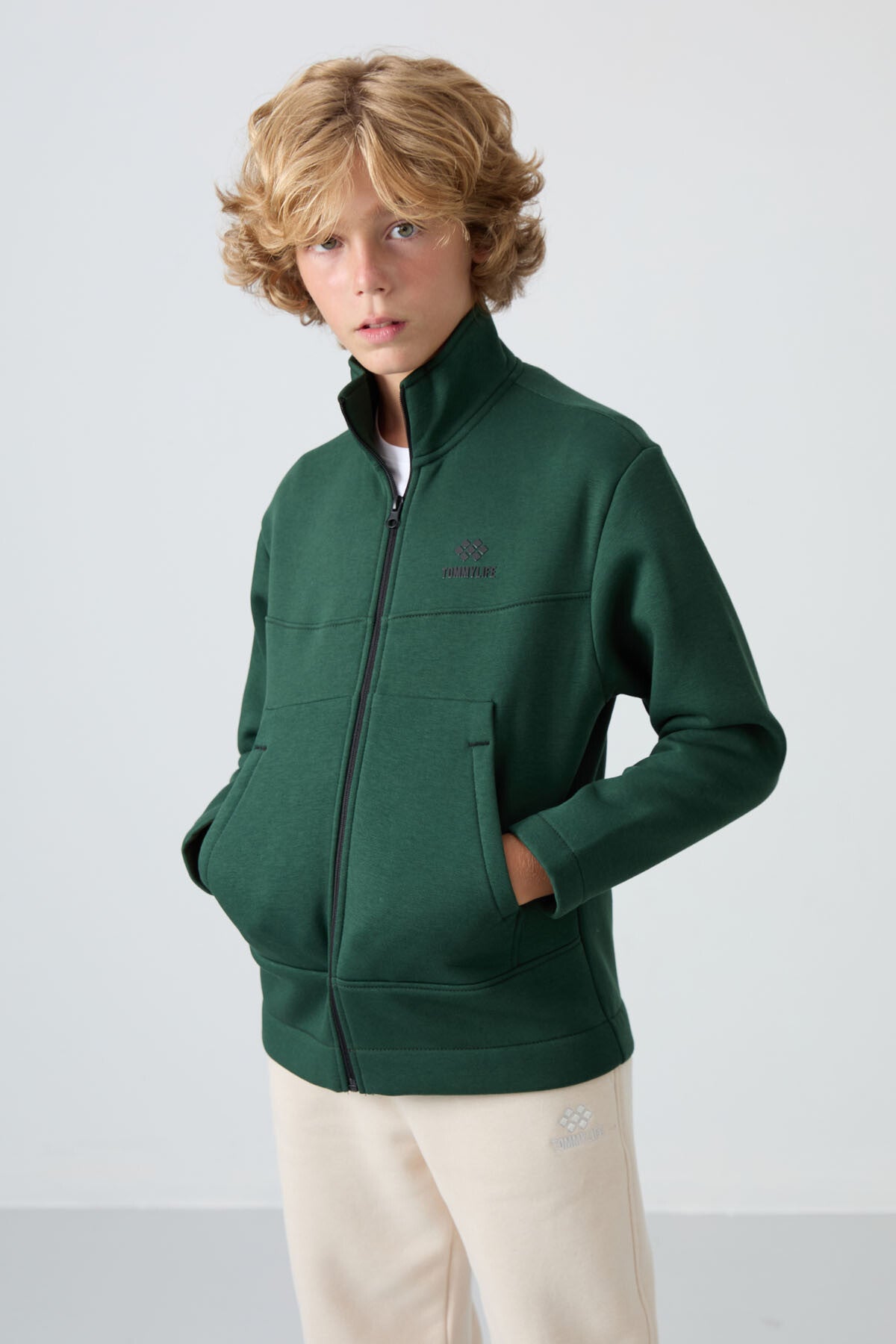 Forest Green Cotton Thick Fleece-Lined Soft Textured Standard Fit Embroidered Boys' Sweatshirt - 11245