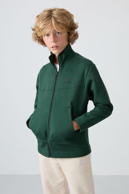 Forest Green Cotton Thick Fleece-Lined Soft Textured Standard Fit Embroidered Boys' Sweatshirt - 11245