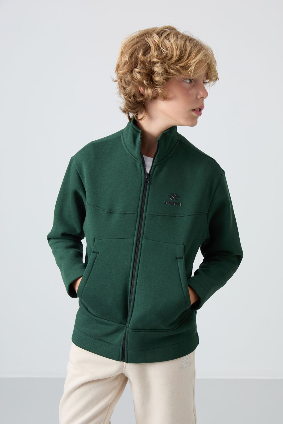 Forest Green Cotton Thick Fleece-Lined Soft Textured Standard Fit Embroidered Boys' Sweatshirt - 11245