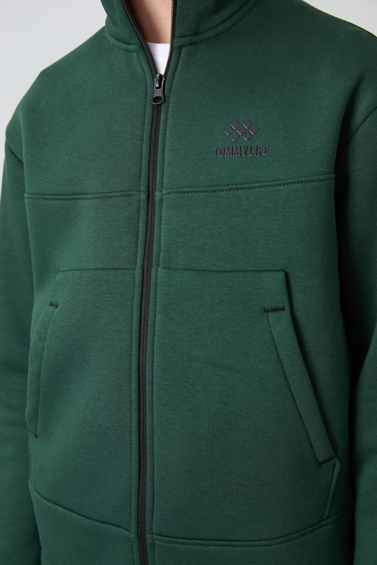 Forest Green Cotton Thick Fleece-Lined Soft Textured Standard Fit Embroidered Boys' Sweatshirt - 11245