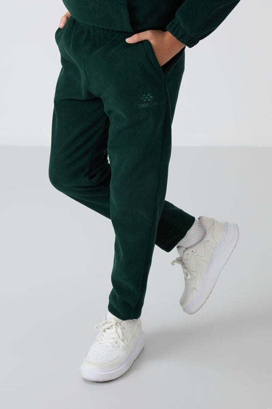 Pine Green Thick Soft Textured Standard Fit Embroidered Fleece Boys' Tracksuit Bottom - 11219