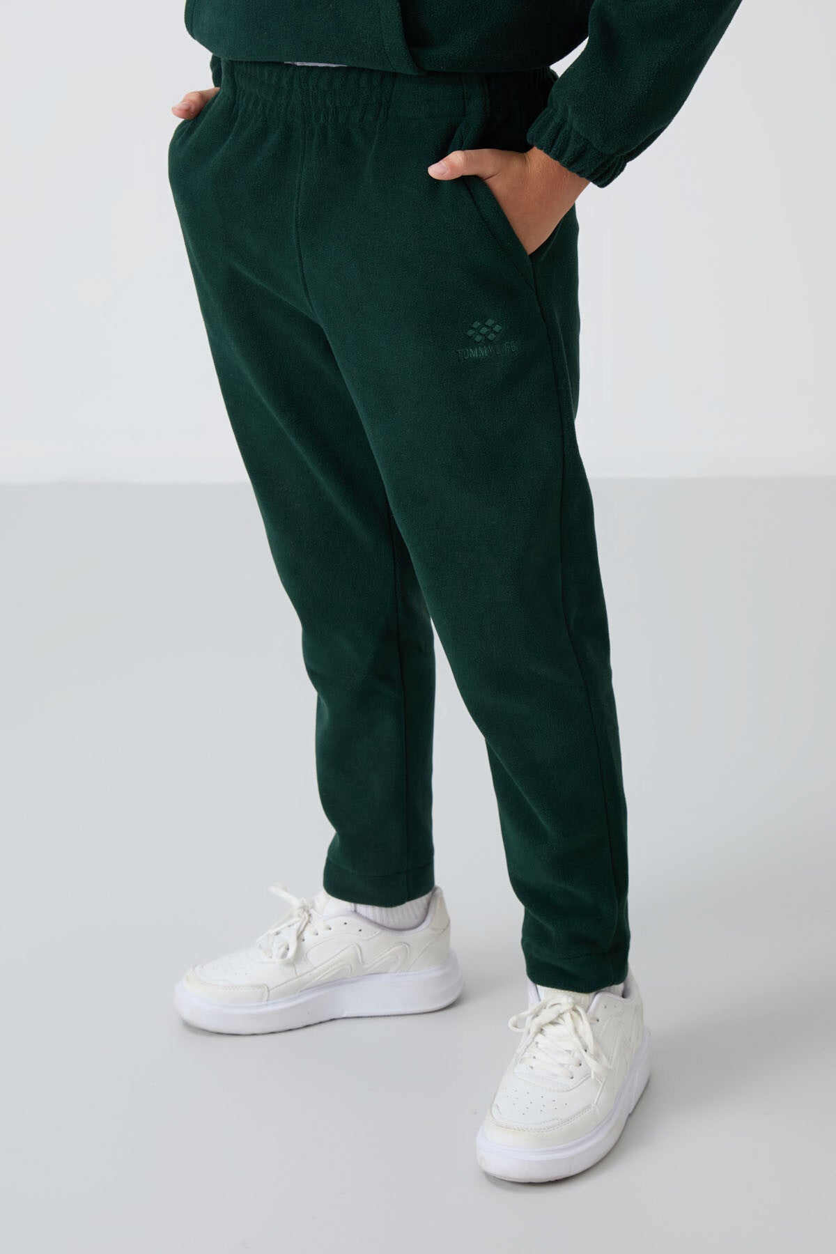 Pine Green Thick Soft Textured Standard Fit Embroidered Fleece Boys' Tracksuit Bottom - 11219