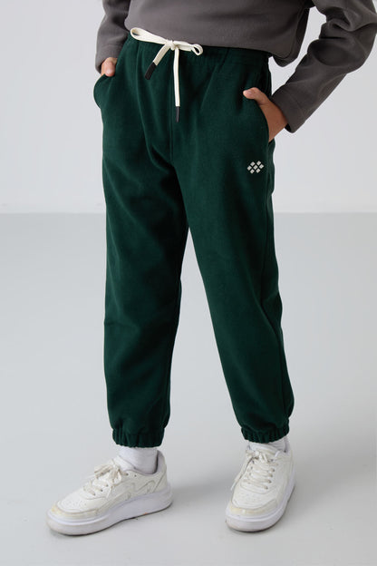 Pine Green Thick Soft Textured Standard Fit Embroidered Fleece Boys' Tracksuit Bottom - 11220