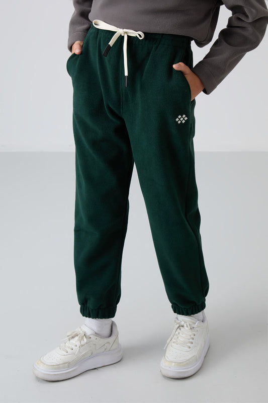 Pine Green Thick Soft Textured Standard Fit Embroidered Fleece Boys' Tracksuit Bottom - 11220