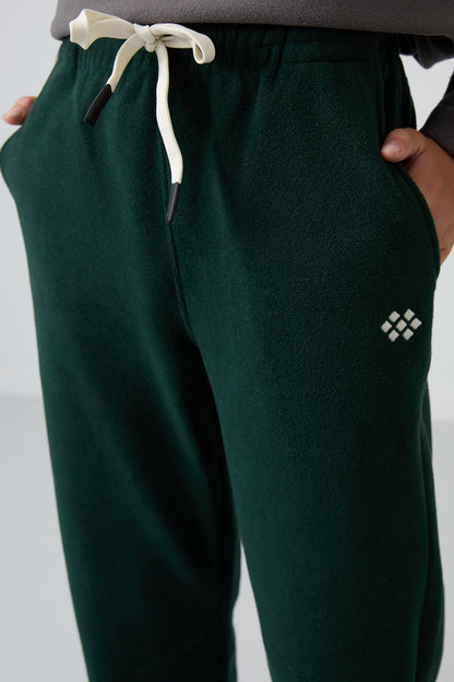Pine Green Thick Soft Textured Standard Fit Embroidered Fleece Boys' Tracksuit Bottom - 11220