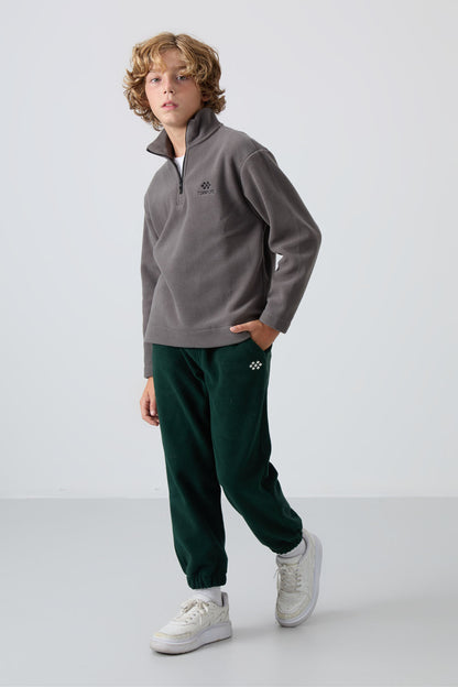 Pine Green Thick Soft Textured Standard Fit Embroidered Fleece Boys' Tracksuit Bottom - 11220