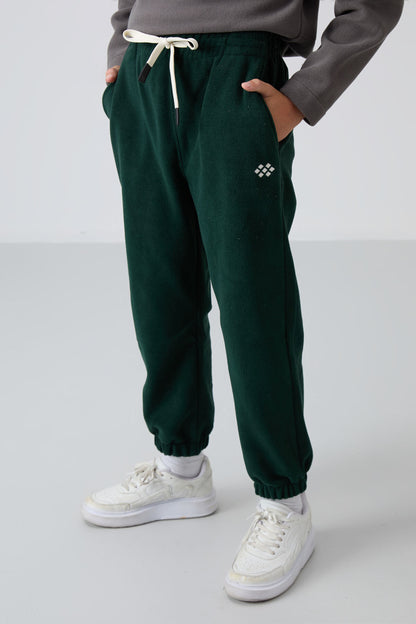Pine Green Thick Soft Textured Standard Fit Embroidered Fleece Boys' Tracksuit Bottom - 11220