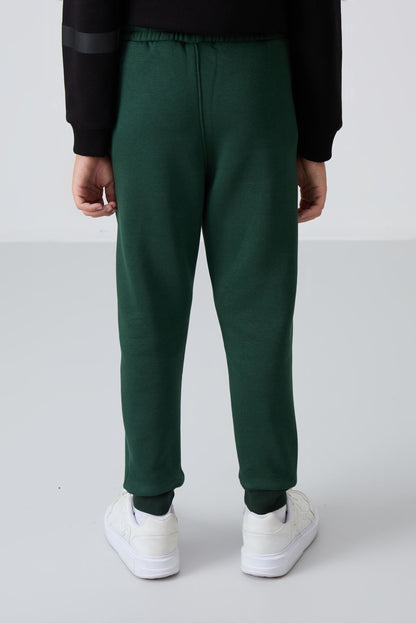 Forest Green Cotton Thick Fleece-Lined Soft Texture Standard Fit Embroidered Boys' Tracksuit Bottom - 11224