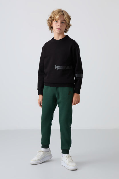 Forest Green Cotton Thick Fleece-Lined Soft Texture Standard Fit Embroidered Boys' Tracksuit Bottom - 11224