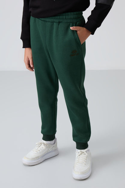 Forest Green Cotton Thick Fleece-Lined Soft Texture Standard Fit Embroidered Boys' Tracksuit Bottom - 11224