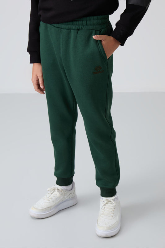 Forest Green Cotton Thick Fleece-Lined Soft Texture Standard Fit Embroidered Boys' Tracksuit Bottom - 11224