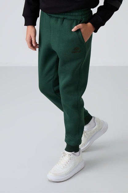 Forest Green Cotton Thick Fleece-Lined Soft Texture Standard Fit Embroidered Boys' Tracksuit Bottom - 11224