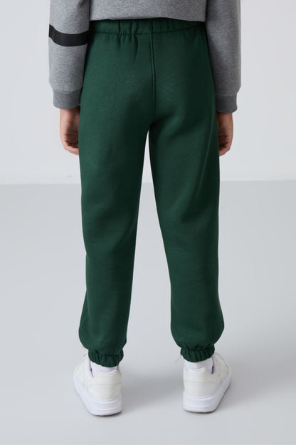 Forest Green Cotton Thick Fleece-Lined Soft Textured Standard Fit Printed Boys' Tracksuit Bottom - 11225
