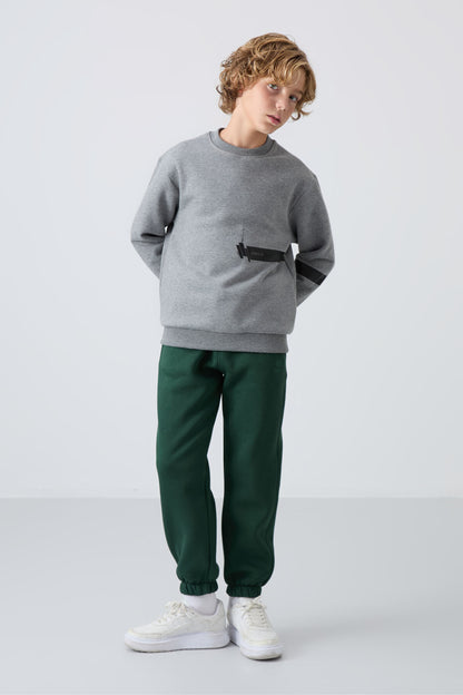 Forest Green Cotton Thick Fleece-Lined Soft Textured Standard Fit Printed Boys' Tracksuit Bottom - 11225
