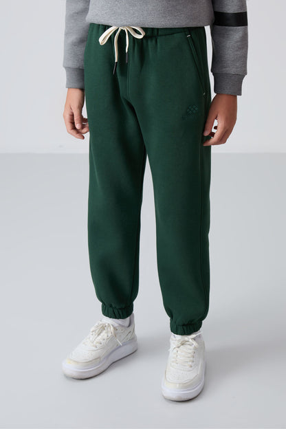 Forest Green Cotton Thick Fleece-Lined Soft Textured Standard Fit Printed Boys' Tracksuit Bottom - 11225