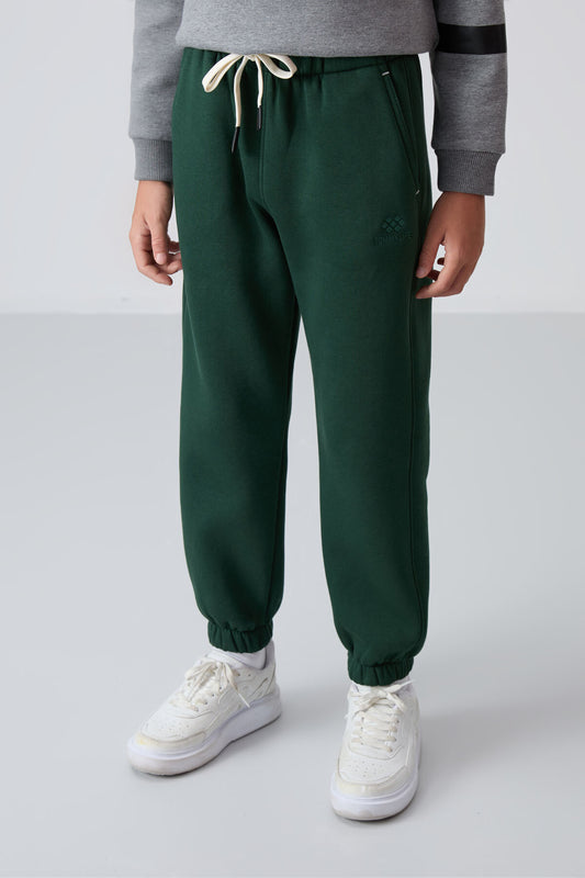 Forest Green Cotton Thick Fleece-Lined Soft Textured Standard Fit Printed Boys' Tracksuit Bottom - 11225
