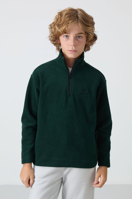 Pine Green Thick Soft Textured Standard Fit Embroidered Fleece Boys' Sweatshirt - 11221