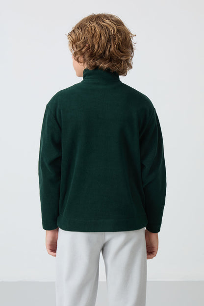 Pine Green Thick Soft Textured Standard Fit Embroidered Fleece Boys' Sweatshirt - 11221