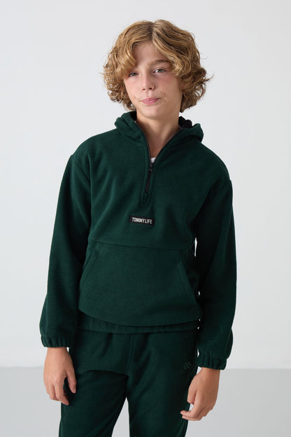 Pine Green Thick Soft Textured Standard Fit Embroidered Fleece Boys' Sweatshirt - 11230