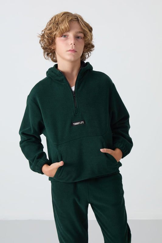 Pine Green Thick Soft Textured Standard Fit Embroidered Fleece Boys' Sweatshirt - 11230