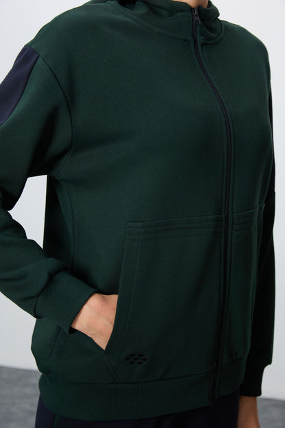 Forest Green-Navy Blue Compact Cotton Thick Smooth Textured Hooded Oversize Fit Women's Tracksuit Set - 95343