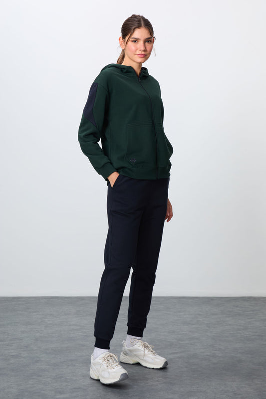 Forest Green-Navy Blue Compact Cotton Thick Smooth Textured Hooded Oversize Fit Women's Tracksuit Set - 95343