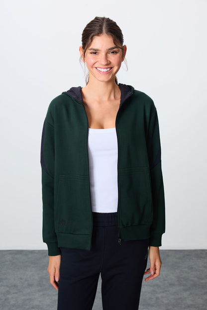 Forest Green-Navy Blue Compact Cotton Thick Smooth Textured Hooded Oversize Fit Women's Tracksuit Set - 95343