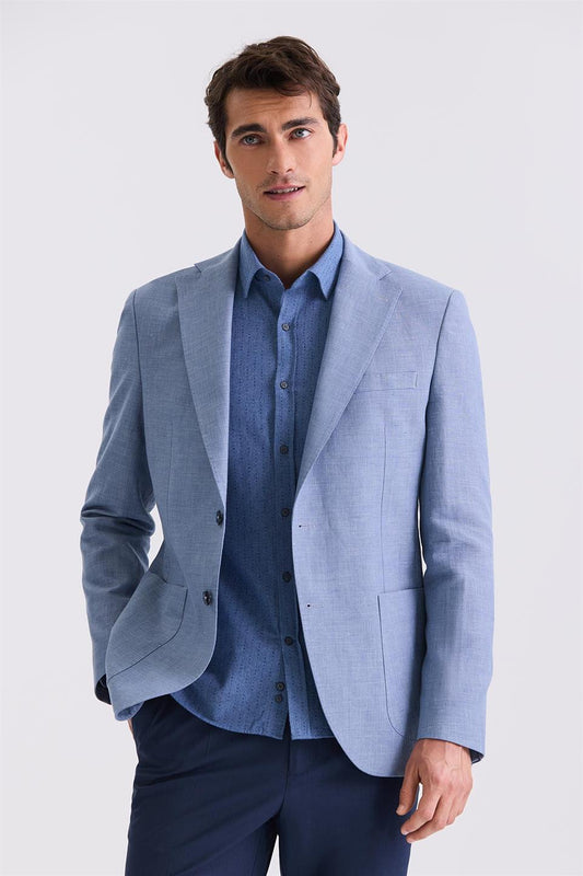 Indigo Slim Fit Single Collar Linen Sports Jacket