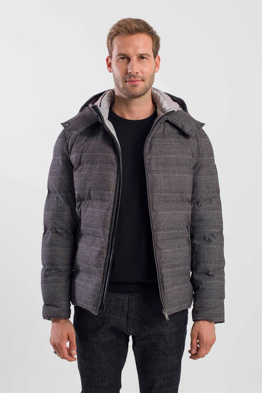 Anthracite Comfort Fit Plaid Jacket with a Brown Hood