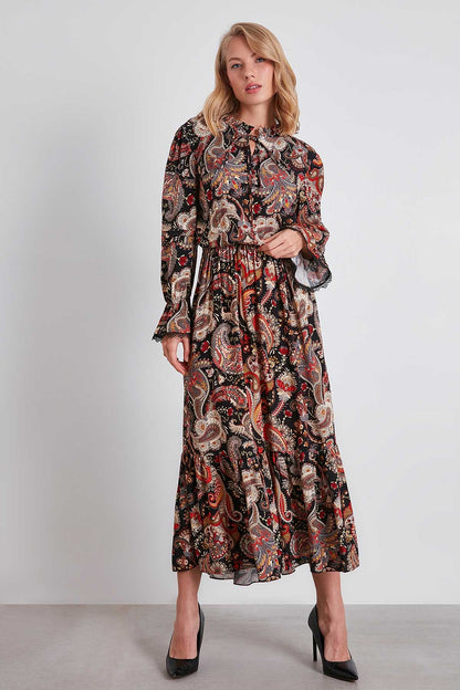 FLORAL PATTERN FRILL COLLAR LONG DRESS