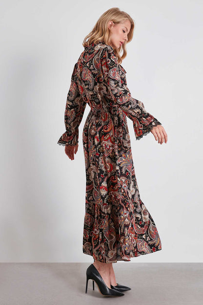 FLORAL PATTERN FRILL COLLAR LONG DRESS