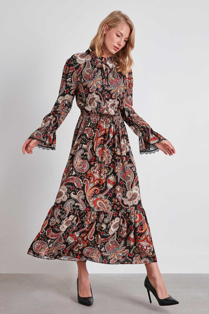 FLORAL PATTERN FRILL COLLAR LONG DRESS