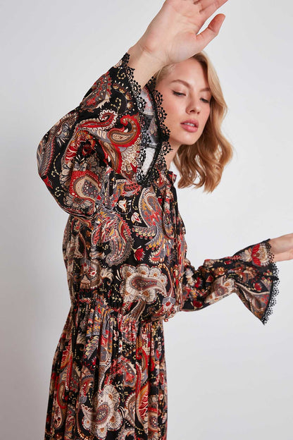 FLORAL PATTERN FRILL COLLAR LONG DRESS